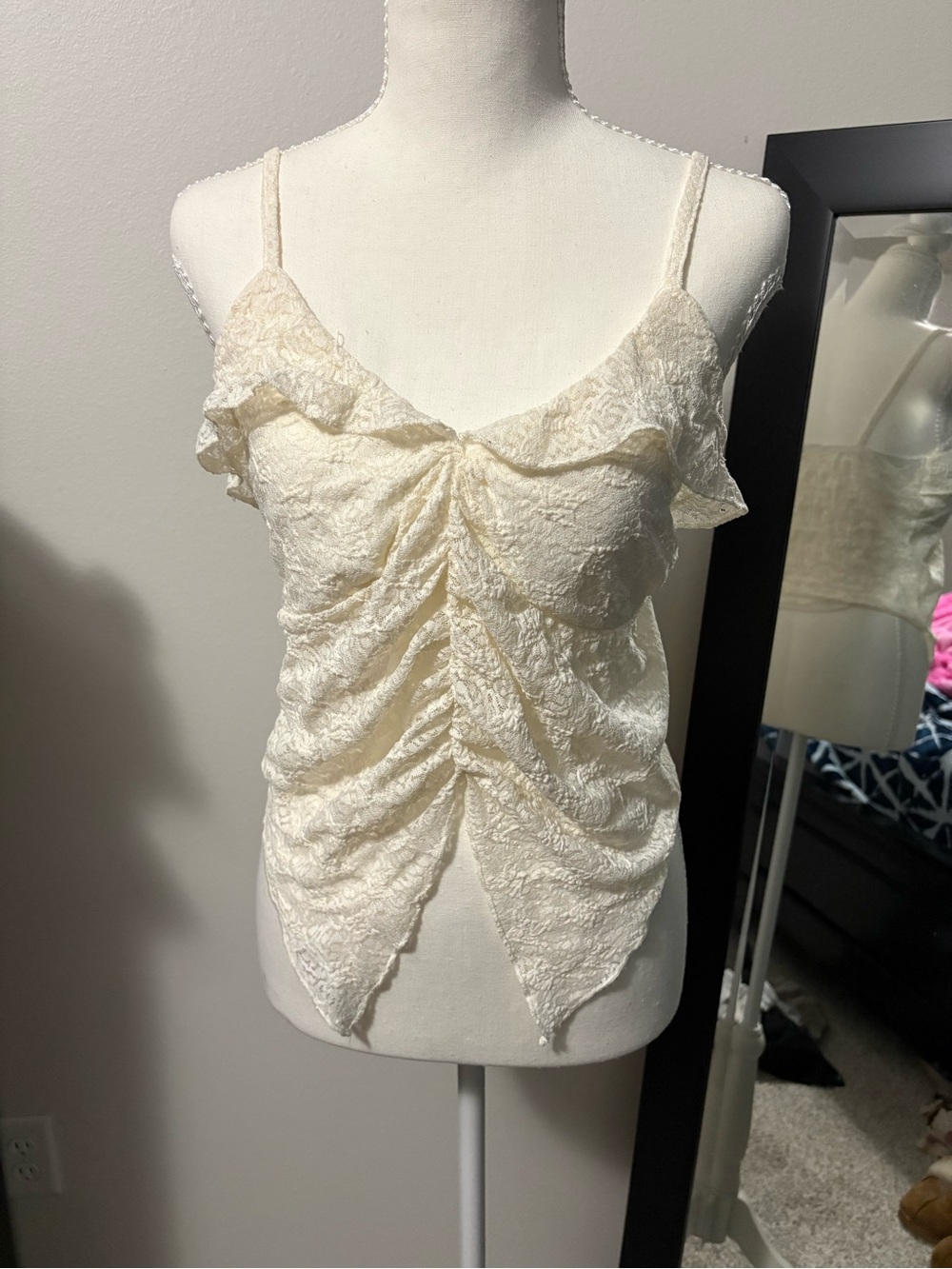 Lace Ruffle Ruched Cream Camisole - Women